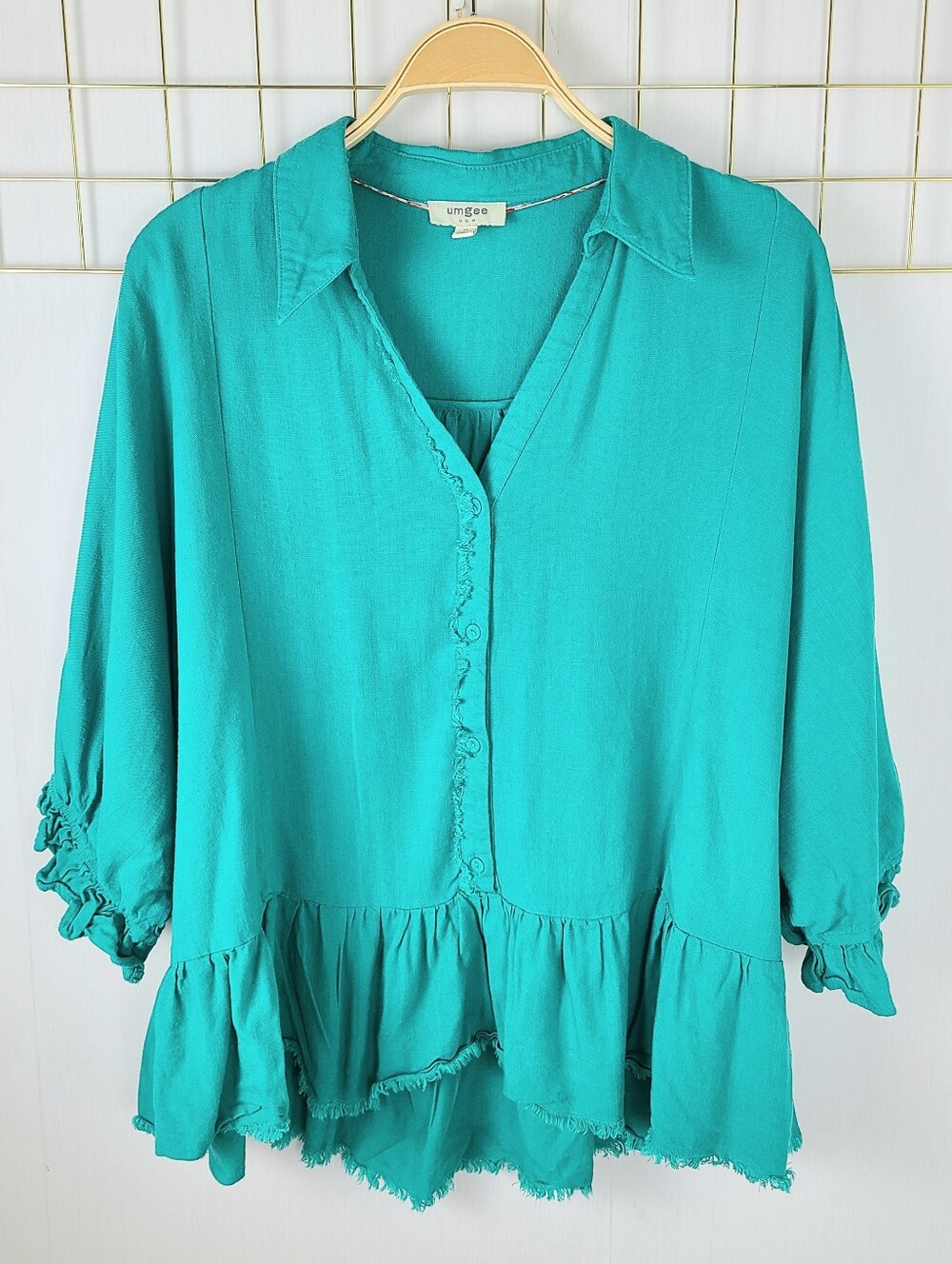 Umgee Teal Linen Blend Frayed Edge Blouse Top